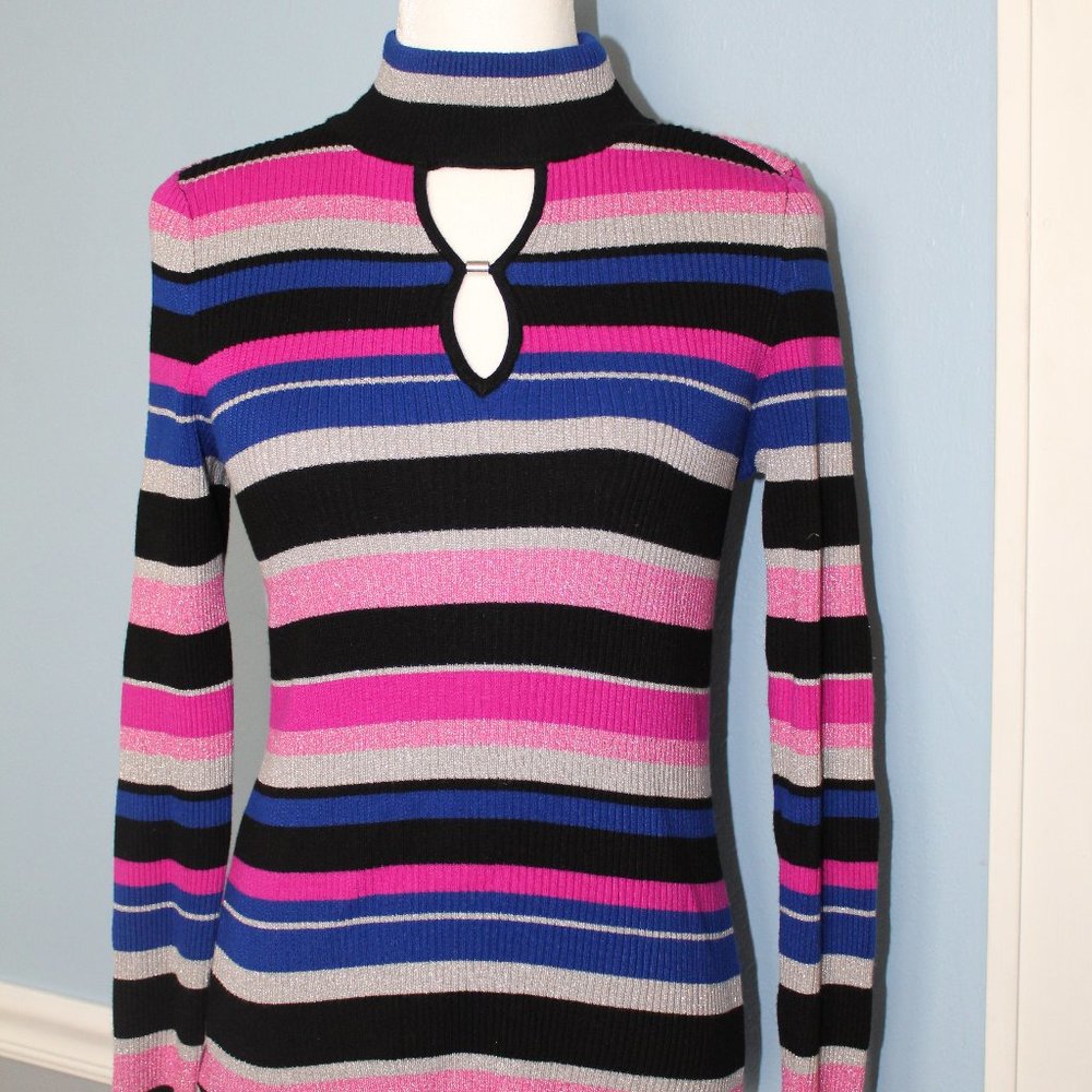 INC Multi Striped Keyhole Ribbed Sweater